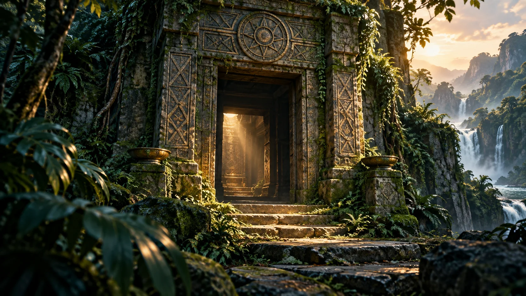 Ancient stone gateway in a sunlit jungle