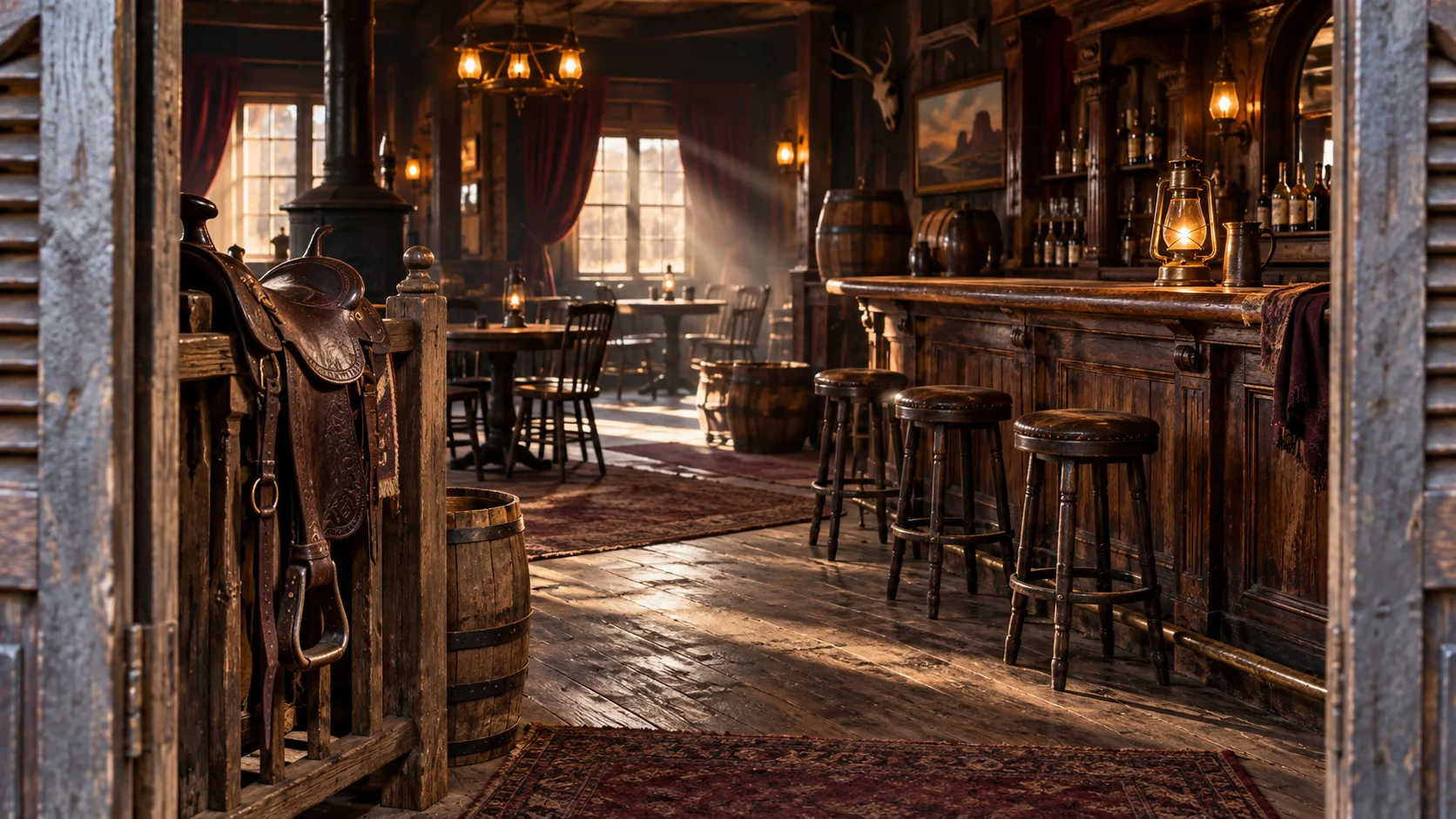 Empty frontier saloon with a leather saddle and lantern